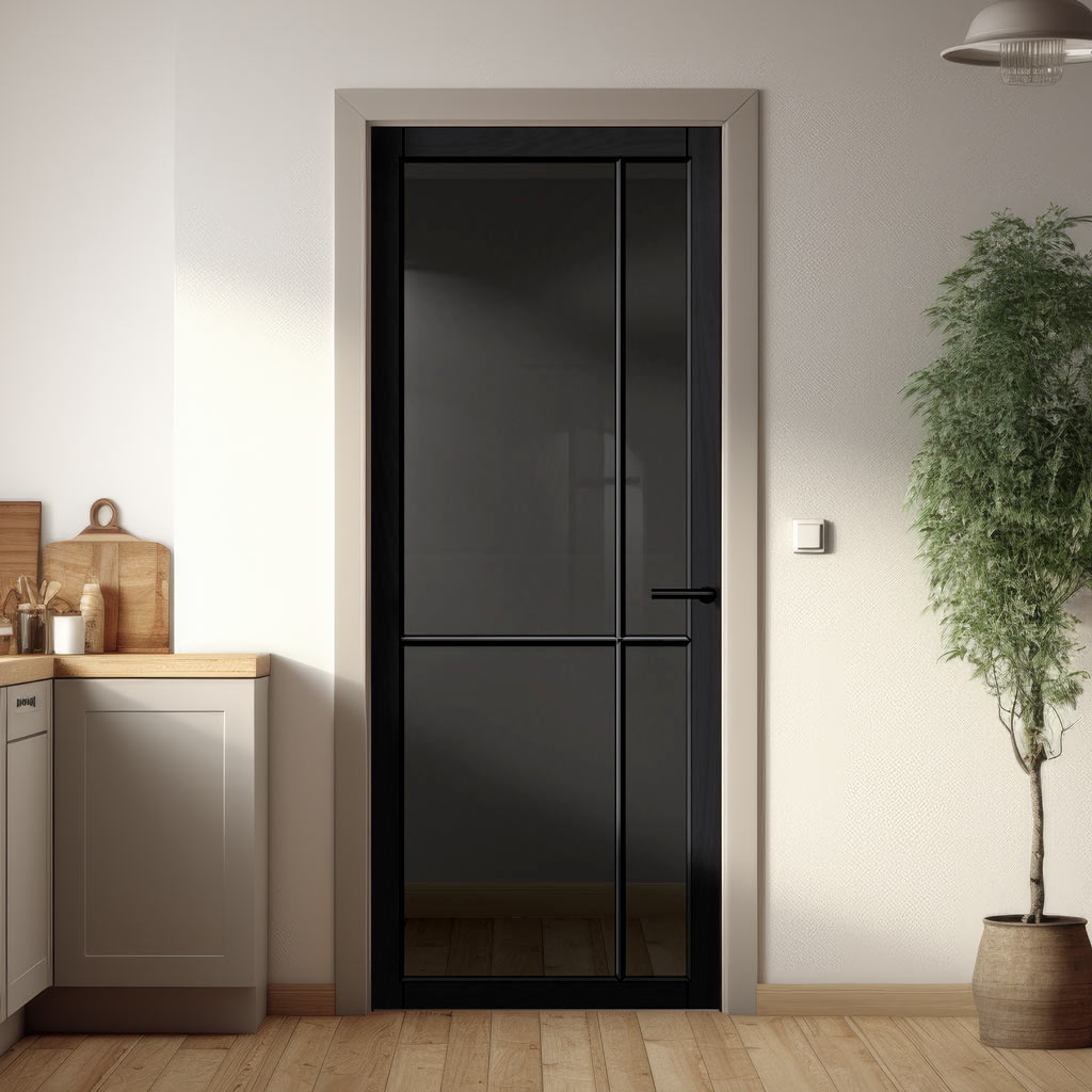 Lerens Solid Wood Internal Door UK Made  DD0117T Tinted Glass - Shadow Black Premium Primed - Urban Lite® Bespoke Sizes