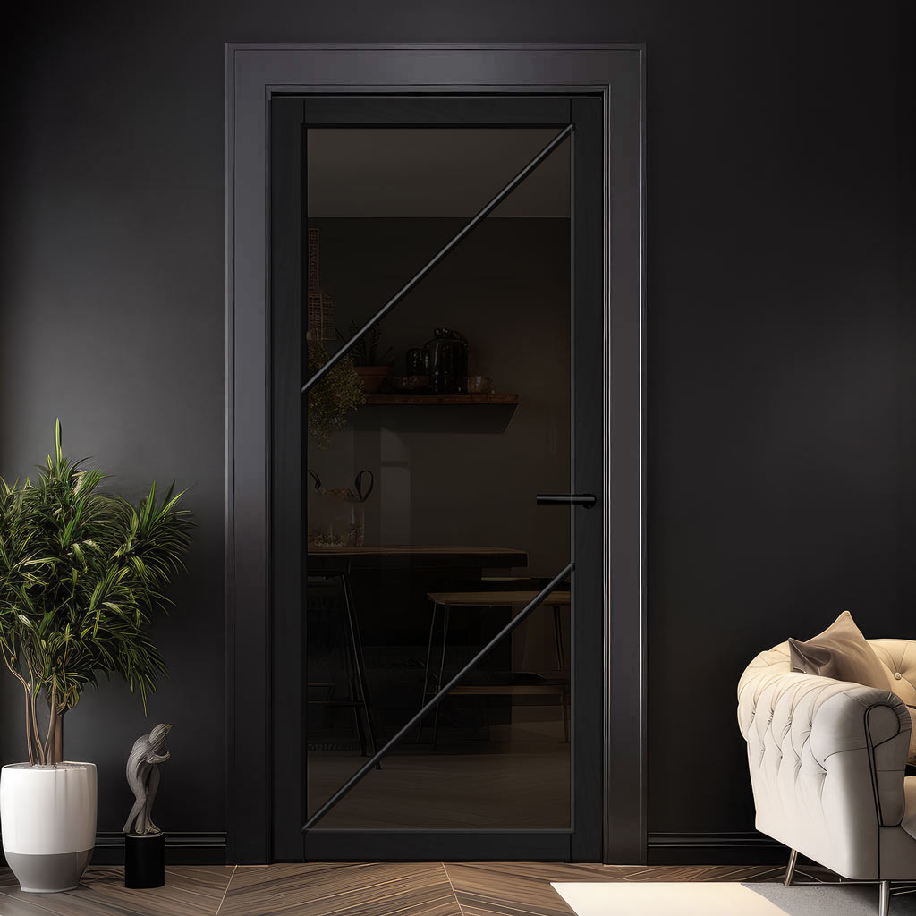 Aria Solid Wood Internal Door UK Made  DD0124T Tinted Glass - Shadow Black Premium Primed - Urban Lite® Bespoke Sizes