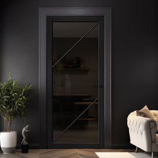 Image: Aria Solid Wood Internal Door UK Made  DD0124T Tinted Glass - Shadow Black Premium Primed - Urban Lite® Bespoke Sizes