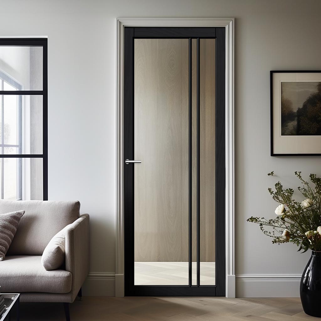 Milano Solid Wood Internal Door UK Made  DD0101C Clear Glass - Shadow Black Premium Primed - Urban Lite® Bespoke Sizes