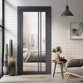 Image: Milano Solid Wood Internal Door UK Made  DD0101C Clear Glass - Stormy Grey Premium Primed - Urban Lite® Bespoke Sizes