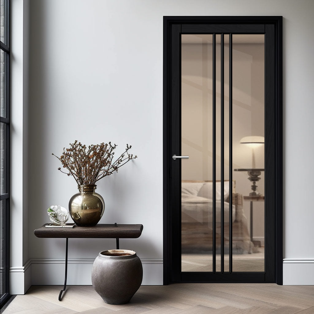 Galeria Solid Wood Internal Door UK Made  DD0102C Clear Glass - Shadow Black Premium Primed - Urban Lite® Bespoke Sizes