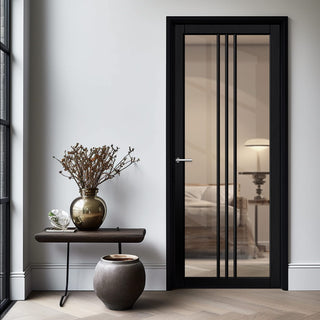 Image: Galeria Solid Wood Internal Door UK Made  DD0102C Clear Glass - Shadow Black Premium Primed - Urban Lite® Bespoke Sizes
