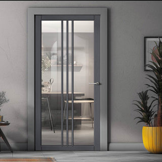 Image: Galeria Solid Wood Internal Door UK Made  DD0102C Clear Glass - Stormy Grey Premium Primed - Urban Lite® Bespoke Sizes