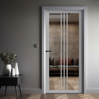 Image: Galeria Solid Wood Internal Door UK Made  DD0102C Clear Glass - Mist Grey Premium Primed - Urban Lite® Bespoke Sizes