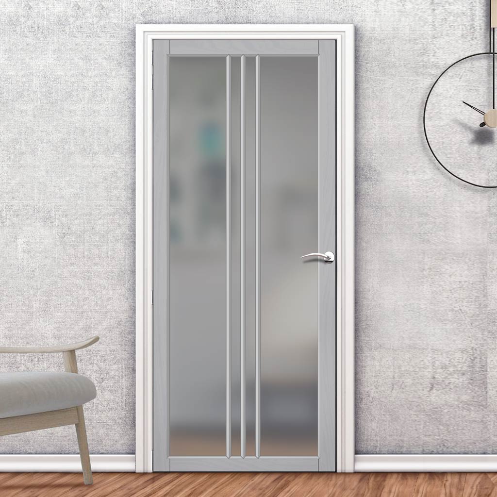 Galeria Solid Wood Internal Door UK Made  DD0102F Frosted Glass - Mist Grey Premium Primed - Urban Lite® Bespoke Sizes