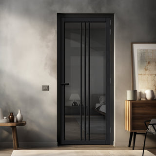 Image: Galeria Solid Wood Internal Door UK Made  DD0102T Tinted Glass - Shadow Black Premium Primed - Urban Lite® Bespoke Sizes