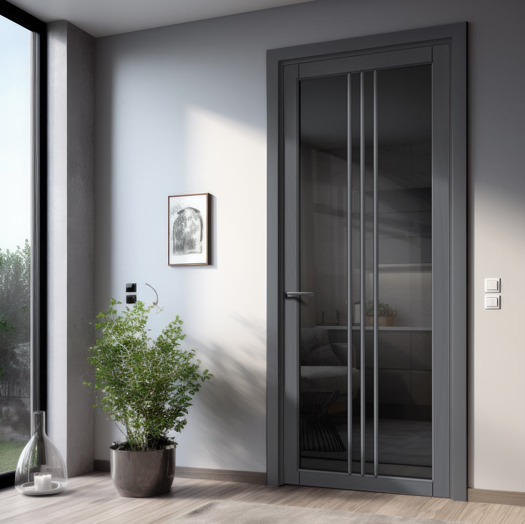 Galeria Solid Wood Internal Door UK Made  DD0102T Tinted Glass - Stormy Grey Premium Primed - Urban Lite® Bespoke Sizes