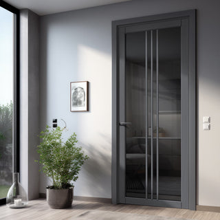 Image: Galeria Solid Wood Internal Door UK Made  DD0102T Tinted Glass - Stormy Grey Premium Primed - Urban Lite® Bespoke Sizes