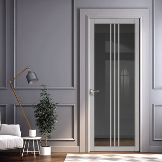 Image: Galeria Solid Wood Internal Door UK Made  DD0102T Tinted Glass - Mist Grey Premium Primed - Urban Lite® Bespoke Sizes