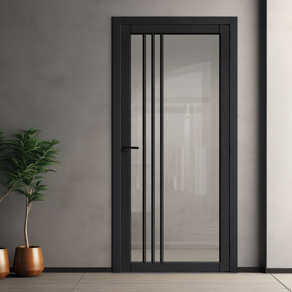 Bella Solid Wood Internal Door UK Made  DD0103C Clear Glass - Shadow Black Premium Primed - Urban Lite® Bespoke Sizes