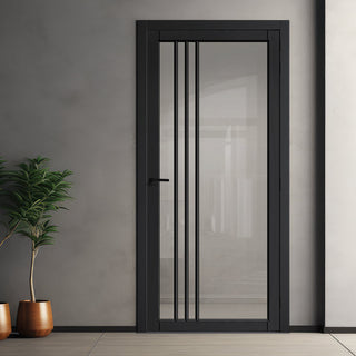 Image: Bella Solid Wood Internal Door UK Made  DD0103C Clear Glass - Shadow Black Premium Primed - Urban Lite® Bespoke Sizes