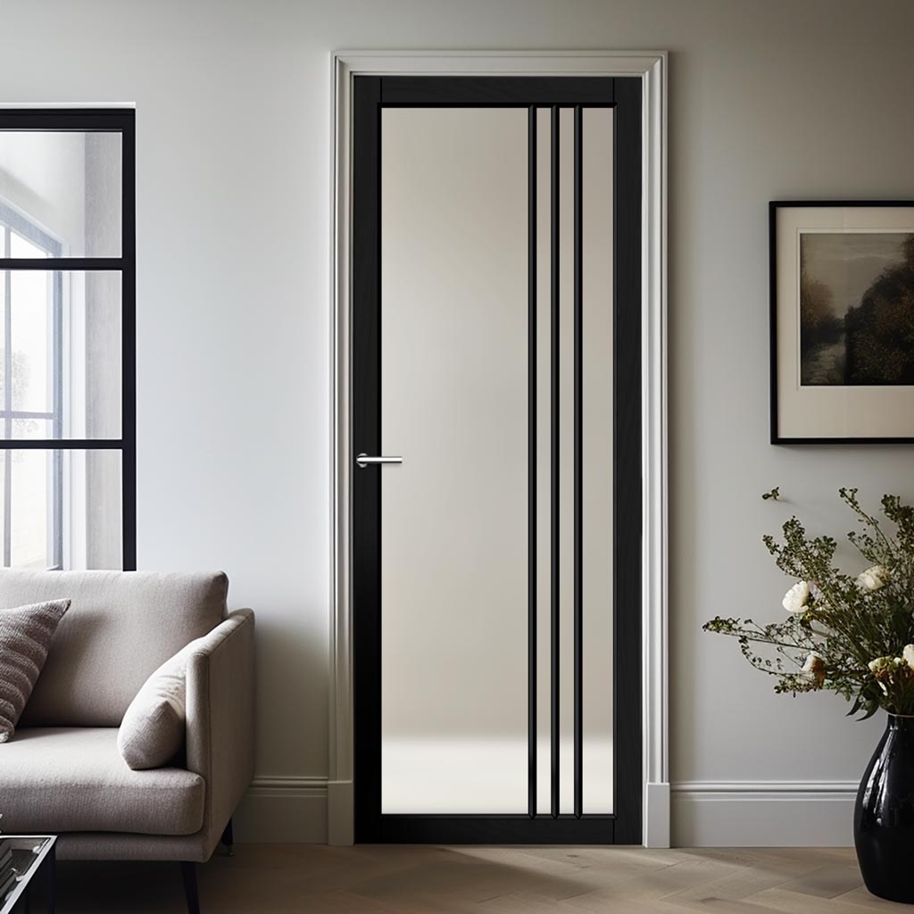Bella Solid Wood Internal Door UK Made  DD0103F Frosted Glass - Shadow Black Premium Primed - Urban Lite® Bespoke Sizes