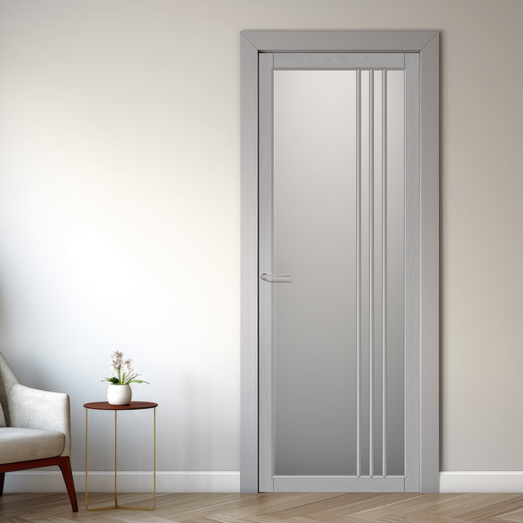 Bella Solid Wood Internal Door UK Made  DD0103F Frosted Glass - Mist Grey Premium Primed - Urban Lite® Bespoke Sizes