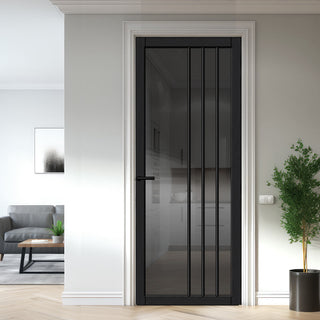 Image: Bella Solid Wood Internal Door UK Made  DD0103T Tinted Glass - Shadow Black Premium Primed - Urban Lite® Bespoke Sizes