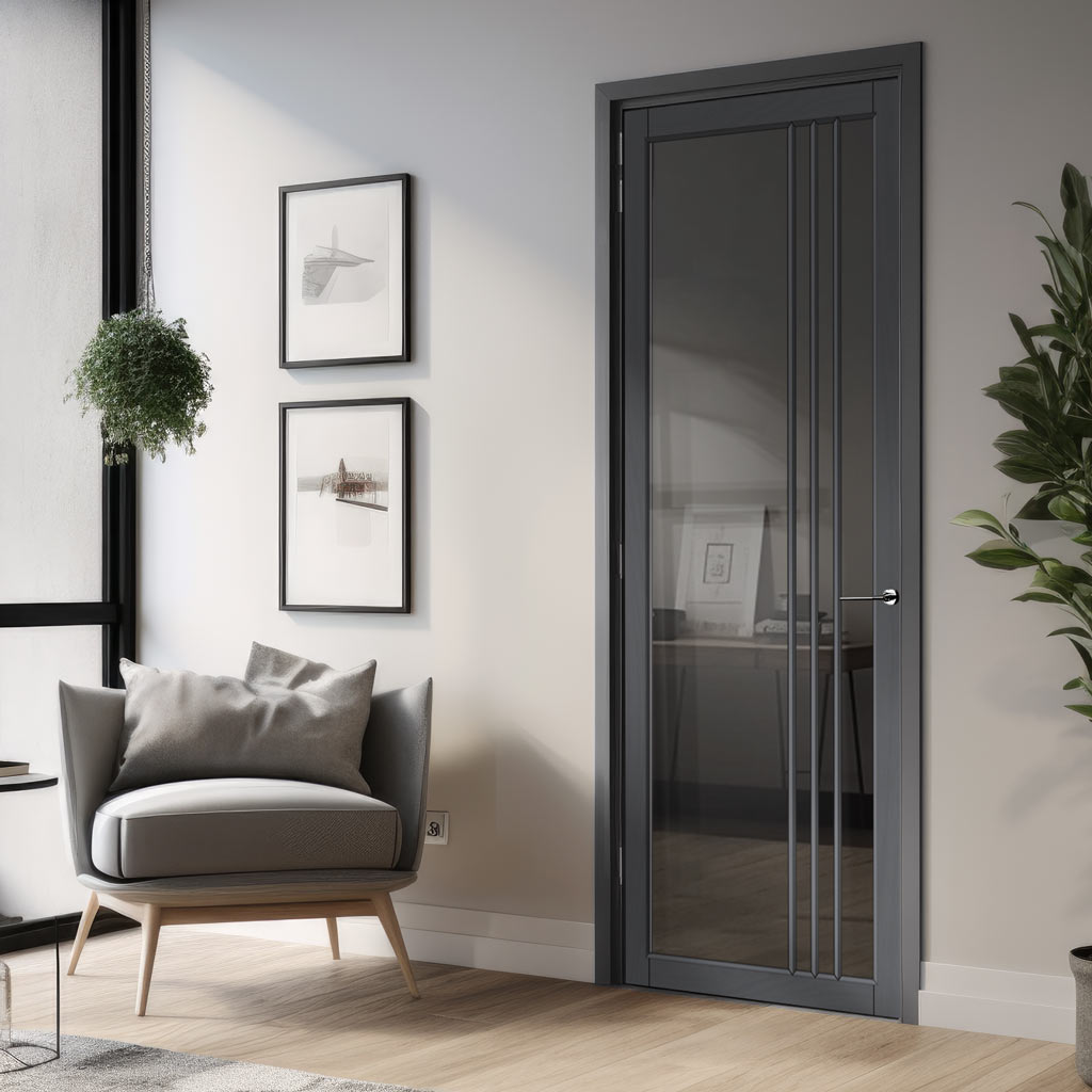 Bella Solid Wood Internal Door UK Made  DD0103T Tinted Glass - Stormy Grey Premium Primed - Urban Lite® Bespoke Sizes