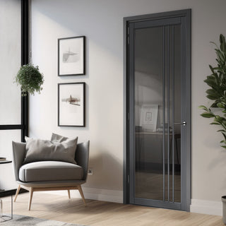 Image: Bella Solid Wood Internal Door UK Made  DD0103T Tinted Glass - Stormy Grey Premium Primed - Urban Lite® Bespoke Sizes