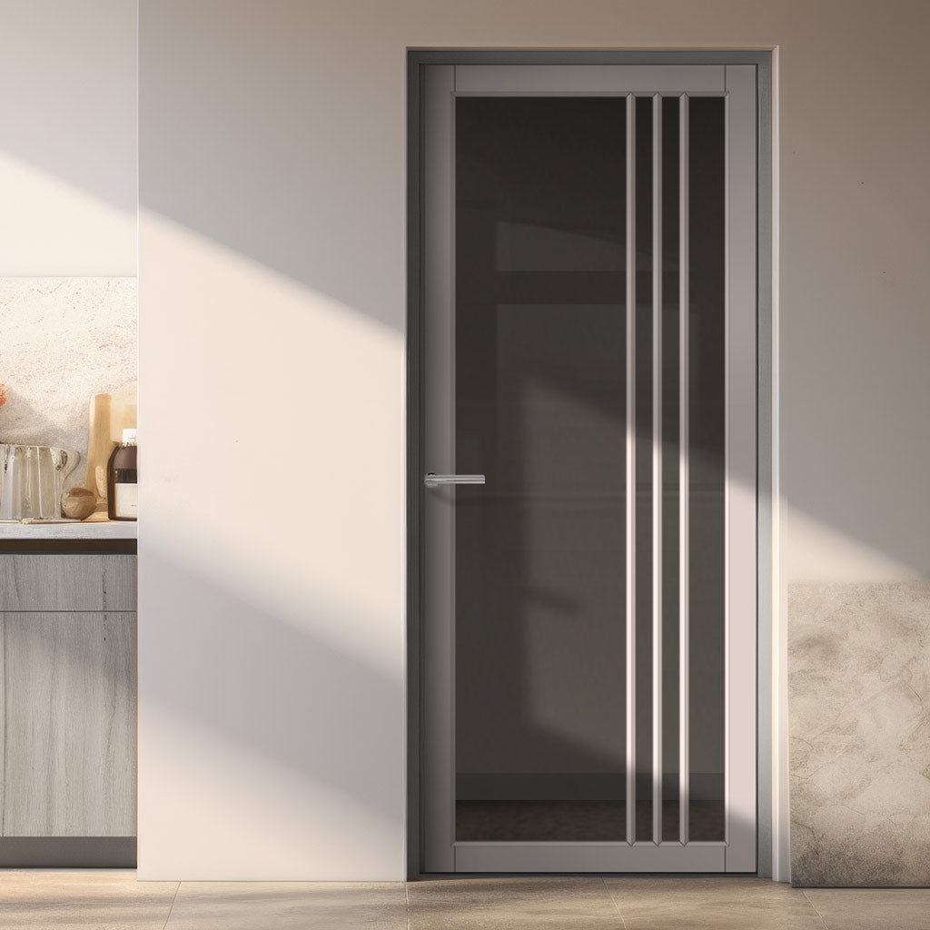 Bella Solid Wood Internal Door UK Made  DD0103T Tinted Glass - Mist Grey Premium Primed - Urban Lite® Bespoke Sizes