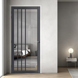 Image: Tula Solid Wood Internal Door UK Made  DD0104C Clear Glass - Stormy Grey Premium Primed - Urban Lite® Bespoke Sizes