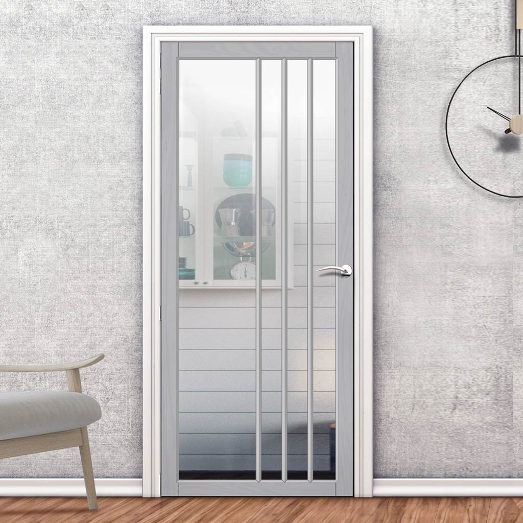 Tula Solid Wood Internal Door UK Made  DD0104C Clear Glass - Mist Grey Premium Primed - Urban Lite® Bespoke Sizes