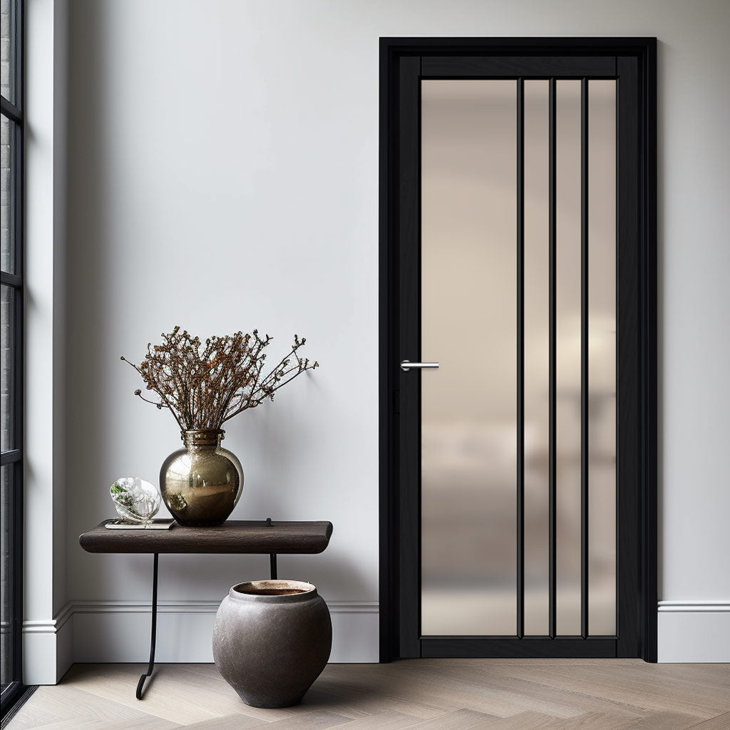 Tula Solid Wood Internal Door UK Made  DD0104F Frosted Glass - Shadow Black Premium Primed - Urban Lite® Bespoke Sizes
