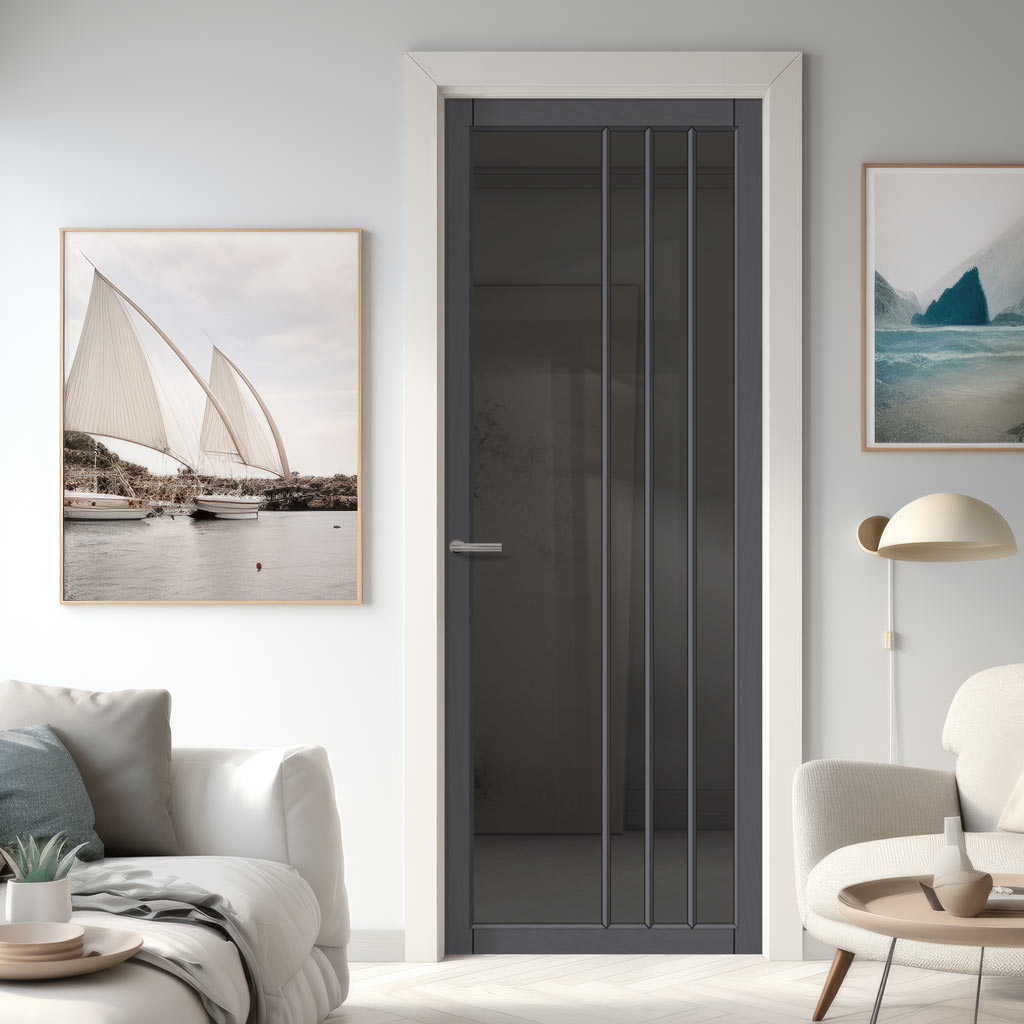 Tula Solid Wood Internal Door UK Made  DD0104T Tinted Glass - Cloud White Premium Primed - Urban Lite® Bespoke Sizes
