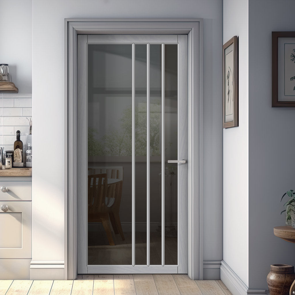 Tula Solid Wood Internal Door UK Made  DD0104T Tinted Glass - Mist Grey Premium Primed - Urban Lite® Bespoke Sizes