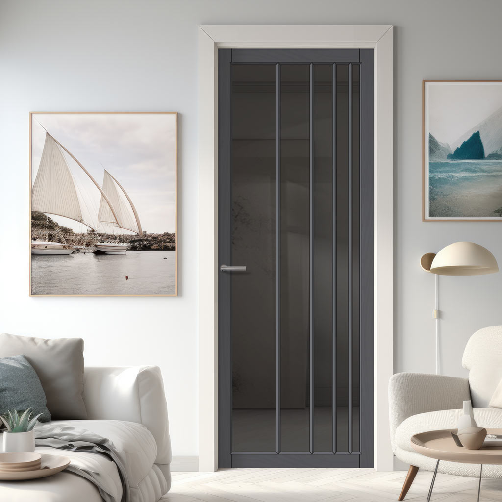 Simona Solid Wood Internal Door UK Made  DD0105T Tinted Glass - Stormy Grey Premium Primed - Urban Lite® Bespoke Sizes