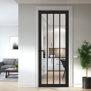 Image: Adiba Solid Wood Internal Door UK Made  DD0106C Clear Glass - Shadow Black Premium Primed - Urban Lite® Bespoke Sizes