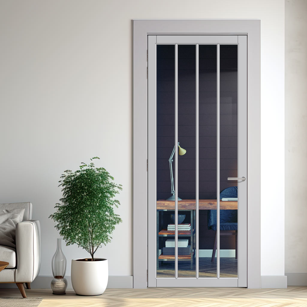 Adiba Solid Wood Internal Door UK Made  DD0106T Tinted Glass - Mist Grey Premium Primed - Urban Lite® Bespoke Sizes