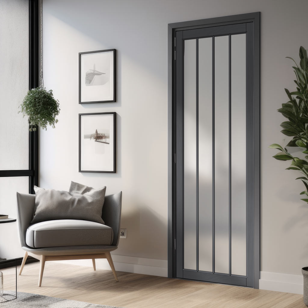 Adiba Solid Wood Internal Door UK Made  DD0106F Frosted Glass - Stormy Grey Premium Primed - Urban Lite® Bespoke Sizes