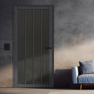Image: Adiba Solid Wood Internal Door UK Made  DD0106T Tinted Glass - Stormy Grey Premium Primed - Urban Lite® Bespoke Sizes