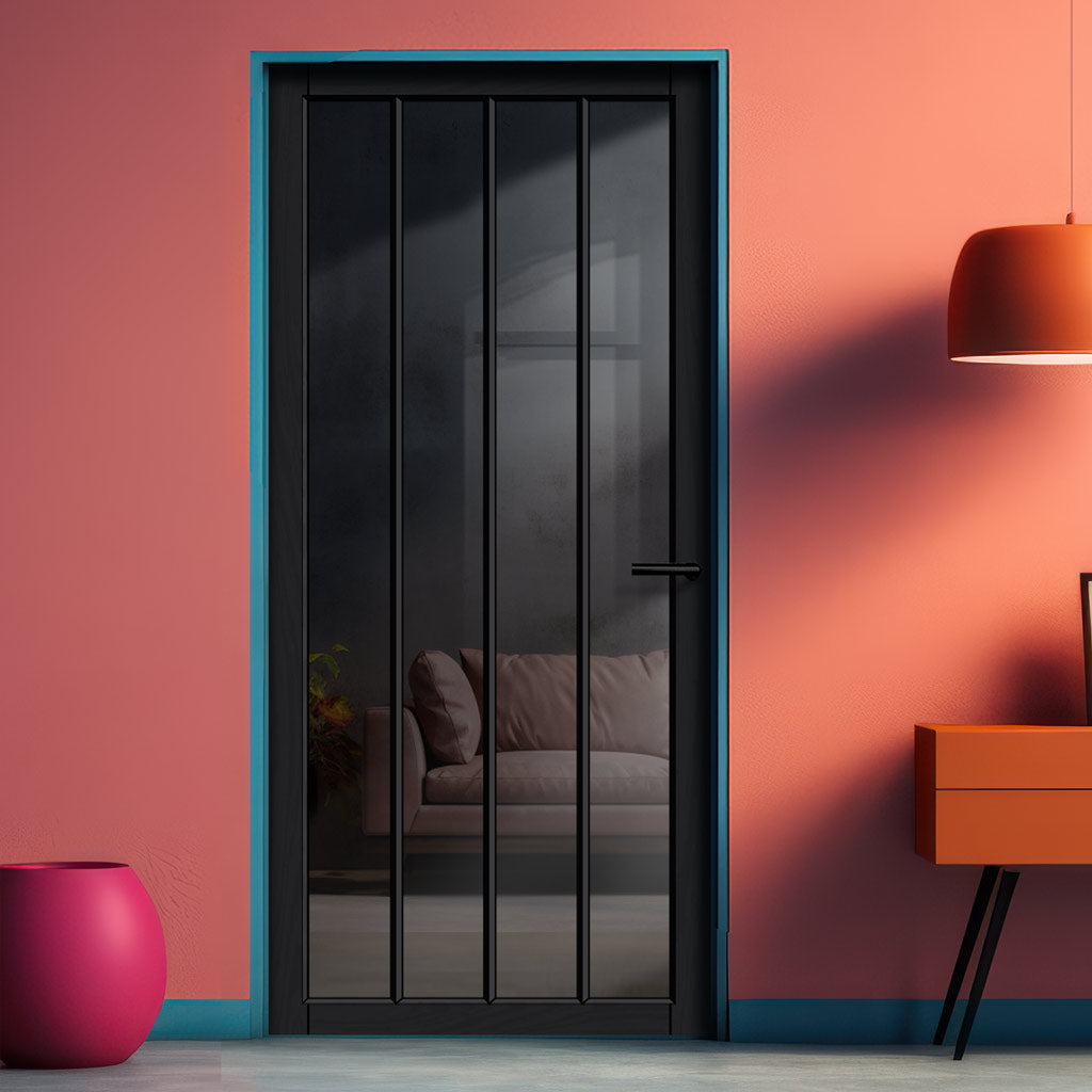 Adiba Solid Wood Internal Door UK Made  DD0106T Tinted Glass - Shadow Black Premium Primed - Urban Lite® Bespoke Sizes