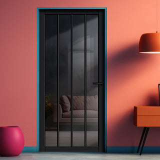 Image: Adiba Solid Wood Internal Door UK Made  DD0106T Tinted Glass - Shadow Black Premium Primed - Urban Lite® Bespoke Sizes