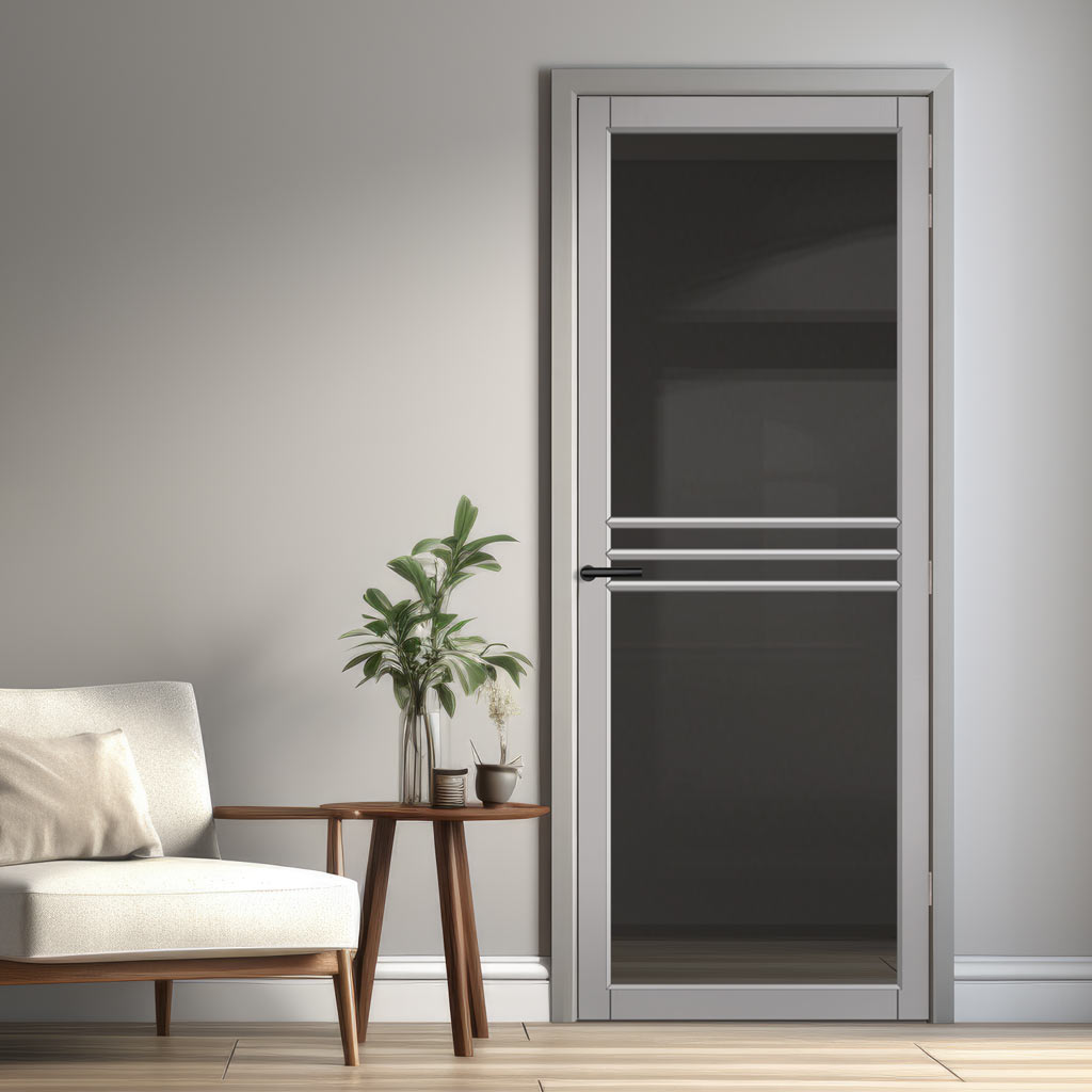 Adina Solid Wood Internal Door UK Made  DD0107T Tinted Glass - Mist Grey Premium Primed - Urban Lite® Bespoke Sizes