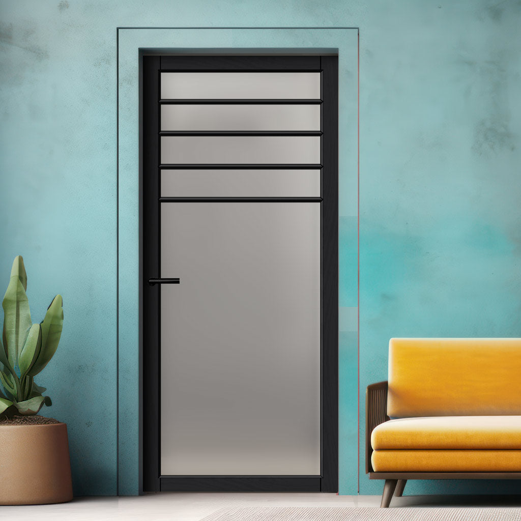 Drake Solid Wood Internal Door UK Made  DD0108F Frosted Glass - Shadow Black Premium Primed - Urban Lite® Bespoke Sizes