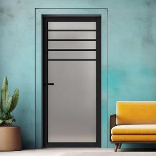 Image: Drake Solid Wood Internal Door UK Made  DD0108F Frosted Glass - Shadow Black Premium Primed - Urban Lite® Bespoke Sizes