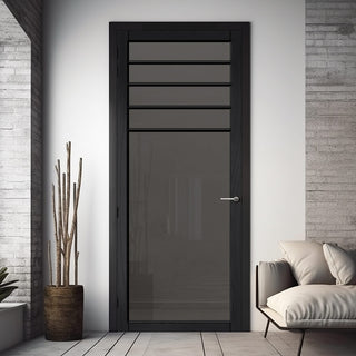 Image: Drake Solid Wood Internal Door UK Made  DD0108T Tinted Glass - Shadow Black Premium Primed - Urban Lite® Bespoke Sizes