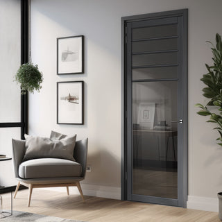 Image: Drake Solid Wood Internal Door UK Made  DD0108T Tinted Glass - Stormy Grey Premium Primed - Urban Lite® Bespoke Sizes