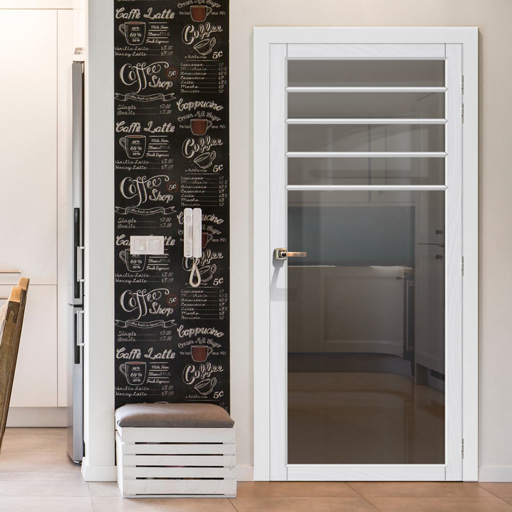 Drake Solid Wood Internal Door UK Made  DD0108T Tinted Glass - Cloud White Premium Primed - Urban Lite® Bespoke Sizes