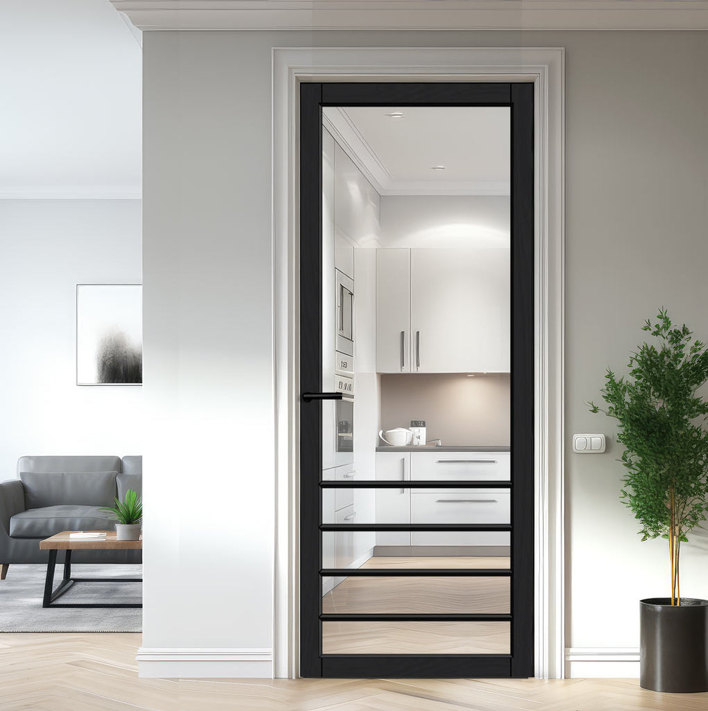 Hirahna Solid Wood Internal Door UK Made  DD0109C Clear Glass - Shadow Black Premium Primed - Urban Lite® Bespoke Sizes