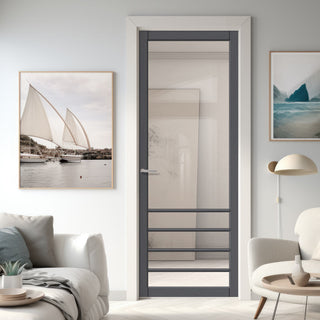 Image: Hirahna Solid Wood Internal Door UK Made  DD0109C Clear Glass - Stormy Grey Premium Primed - Urban Lite® Bespoke Sizes
