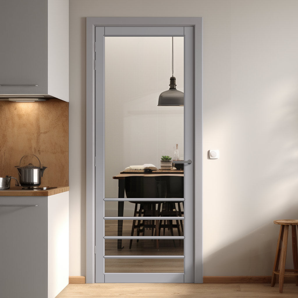 Hirahna Solid Wood Internal Door UK Made  DD0109C Clear Glass - Mist Grey Premium Primed - Urban Lite® Bespoke Sizes