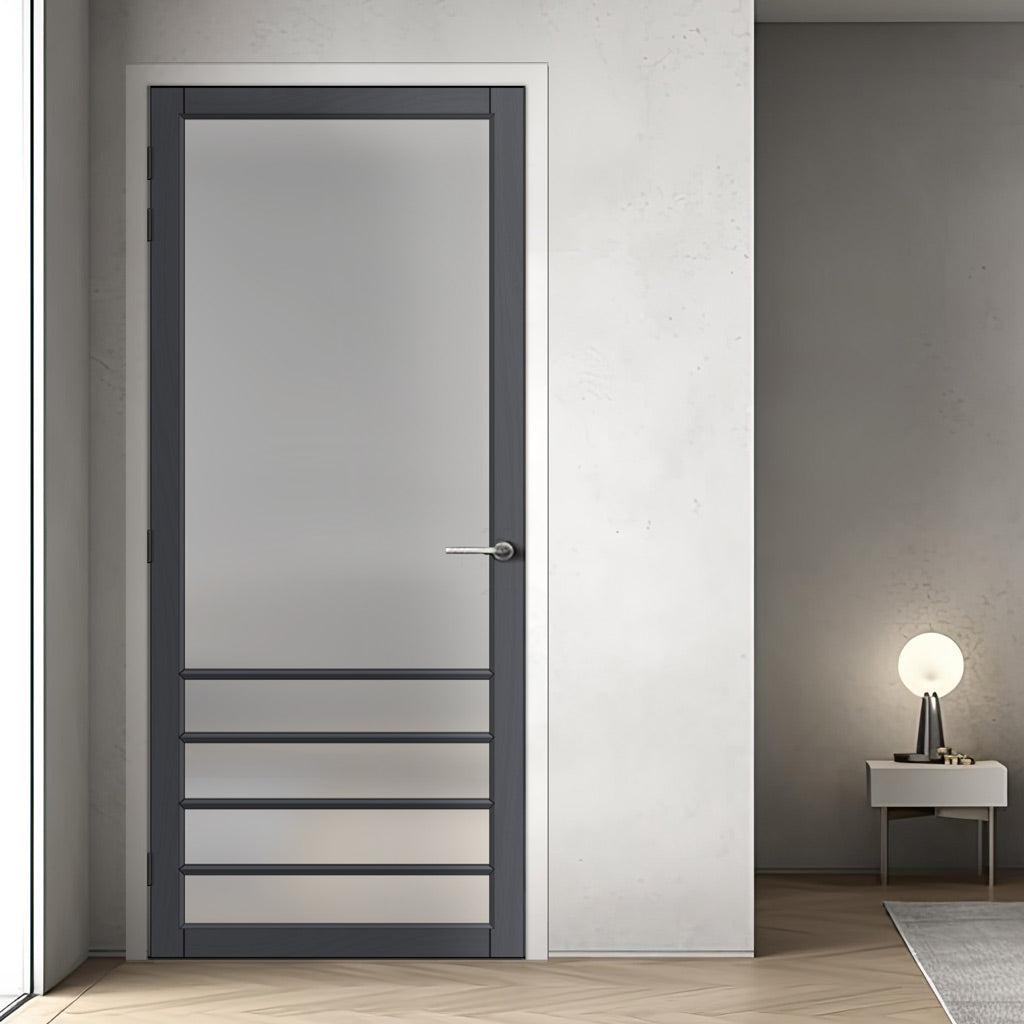 Hirahna Solid Wood Internal Door UK Made  DD0109F Frosted Glass - Stormy Grey Premium Primed - Urban Lite® Bespoke Sizes