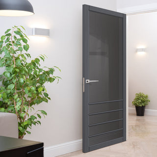 Image: Hirahna Solid Wood Internal Door UK Made  DD0109T Tinted Glass - Stormy Grey Premium Primed - Urban Lite® Bespoke Sizes