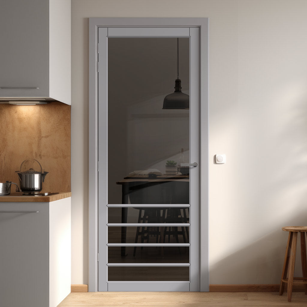 Hirahna Solid Wood Internal Door UK Made  DD0109T Tinted Glass - Mist Grey Premium Primed - Urban Lite® Bespoke Sizes