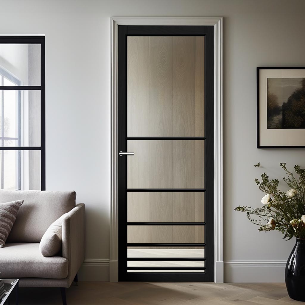 Chord Solid Wood Internal Door UK Made  DD0110C Clear Glass - Shadow Black Premium Primed - Urban Lite® Bespoke Sizes