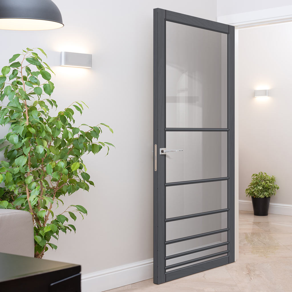 Chord Solid Wood Internal Door UK Made  DD0110C Clear Glass - Stormy Grey Premium Primed - Urban Lite® Bespoke Sizes