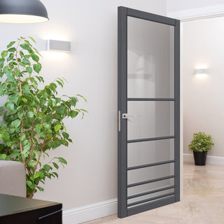 Image: Chord Solid Wood Internal Door UK Made  DD0110C Clear Glass - Stormy Grey Premium Primed - Urban Lite® Bespoke Sizes