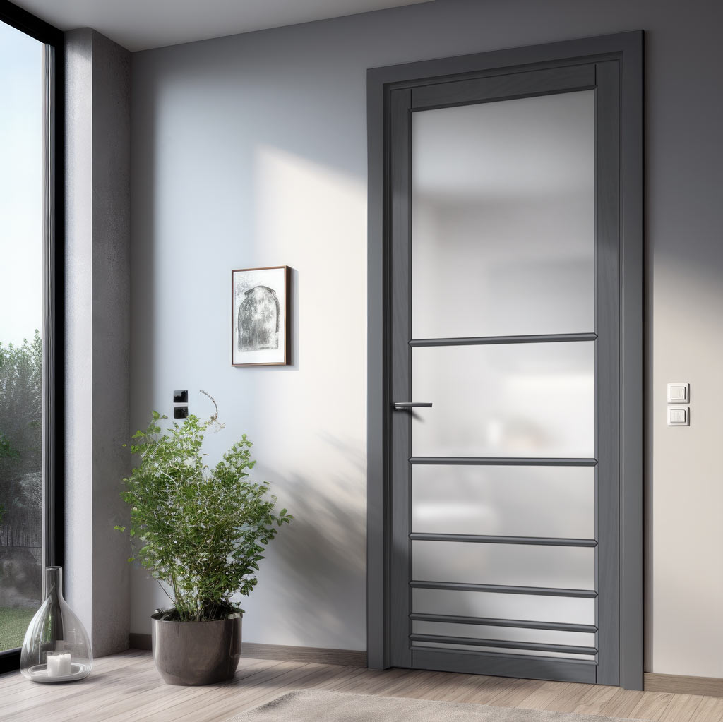 Chord Solid Wood Internal Door UK Made  DD0110F Frosted Glass - Stormy Grey Premium Primed - Urban Lite® Bespoke Sizes